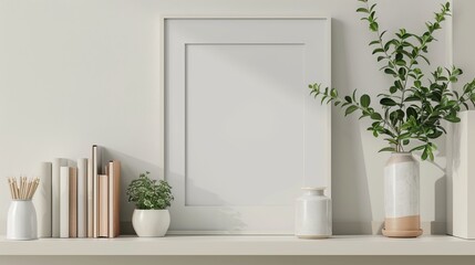 The mockup presents an empty picture frame elegantly placed on a shelf adorned with books and porcelain vases filled with plants. 