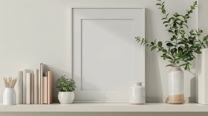 Fototapeta premium The mockup presents an empty picture frame elegantly placed on a shelf adorned with books and porcelain vases filled with plants. 