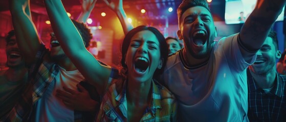 Fans cheer and scream as friends watch a soccer game on TV in a sports bar. Young people celebrate when the team scores a goal and wins the world cup. Slow motion.