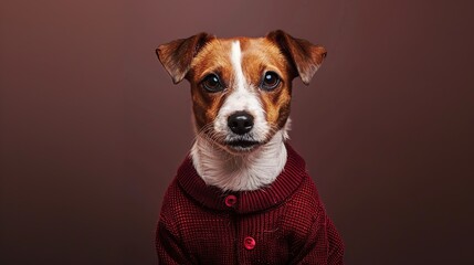 Jack russell terrier dog wearing burgundy shirt. Generative Ai