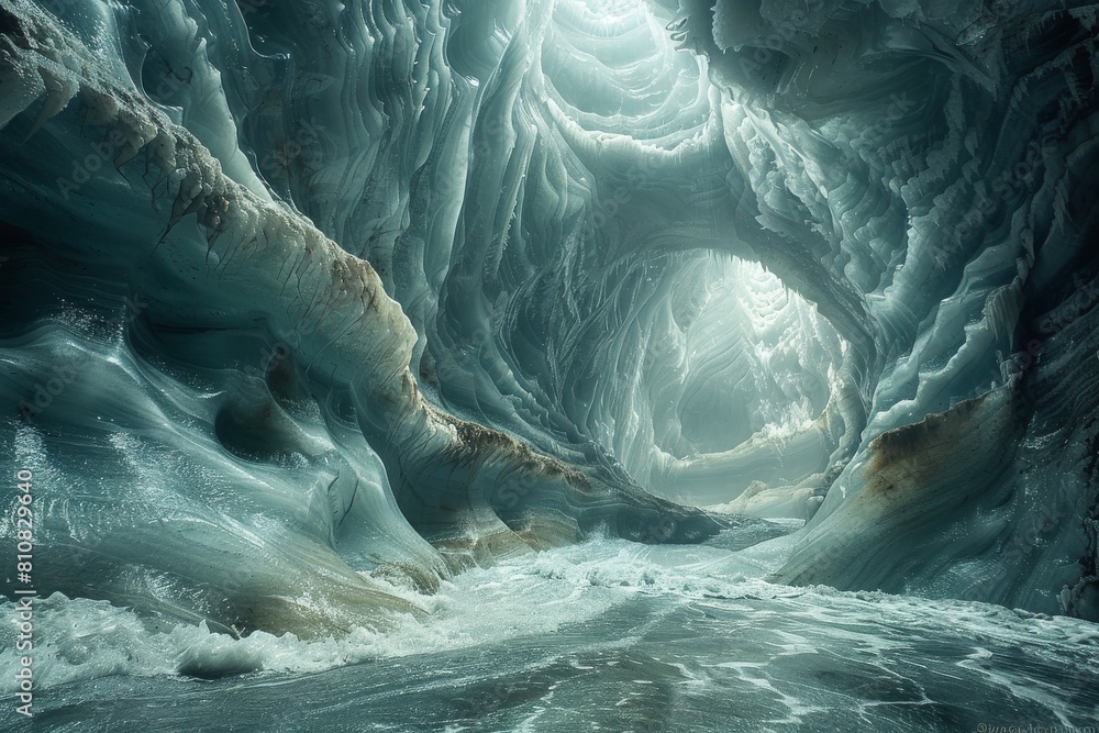 Poster a mystical ice cave with walls glowing from within, creating a surreal and otherworldly atmosphere