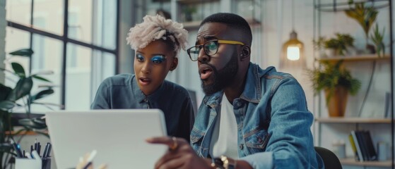 Two creative colleagues working together in an office hub and pointing and discussing work with an assistant. White female designer choosing marketing strategy with assistant.