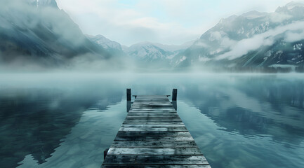 A long wooden dock leads into the middle of a lake - Powered by Adobe