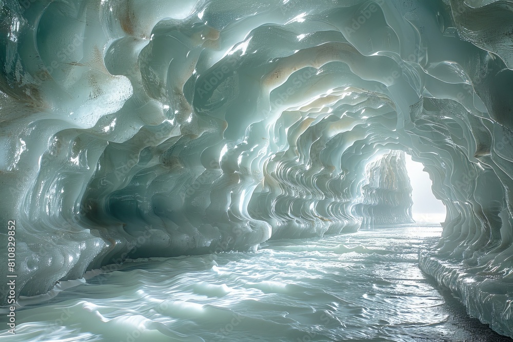 Poster a tranquil ice cave where soft lighting filters through its elegant curves and arches