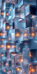 Abstract geometric white bright 3D textured wall with squares and square cubes background banner illustration with blue glowing lights, textured wallpaper，Abstract Geometric White Bright 3D Texture 