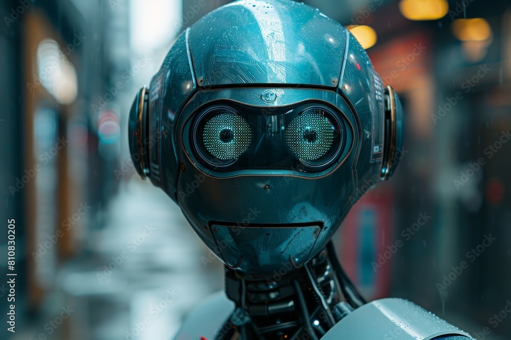 Poster an autonomous robot with a humanoid head design stands against a city backdrop with its face artific