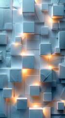 Abstract geometric white bright 3D textured wall with squares and square cubes background banner illustration with blue glowing lights, textured wallpaper，Abstract Geometric White Bright 3D Texture  - obrazy, fototapety, plakaty