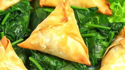Memorial Day Spinach And Feta Phyllo Triangles, Flaky Pastry, Flavorful Filling, Greek-Inspired Appetizers, Background - obrazy, fototapety, plakaty