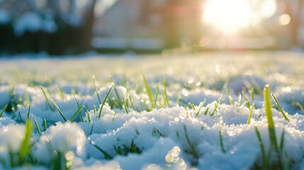 Grass covered with snow on sunny day