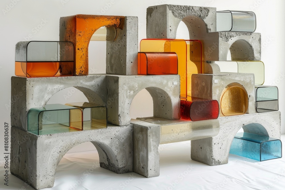 Poster an artistic display of concrete blocks and colored glass creating a modern shelving structure