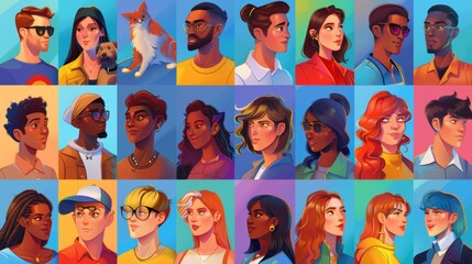 The first set of avatars contains portraits of people for social media profiles. The picture is a modern flat collection of multiracial characters, faces of women and men, and a dog on a blue square - Powered by Adobe