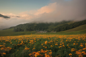 Obraz premium Golden sun illuminates rolling green hills, vibrant wildflowers dotting a vast meadow under a clear blue sky