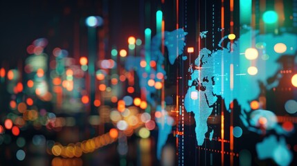 a financial crisis through a digital graphic featuring a stock market graph overlaying a digital map, depicting a bearish trend, against a dark background.