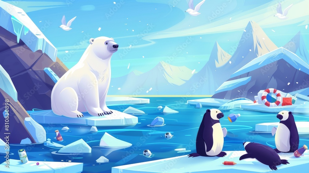 Wall mural animated cartoon arctic and antarctic characters on an ice floe with wild animals on ice and trash i