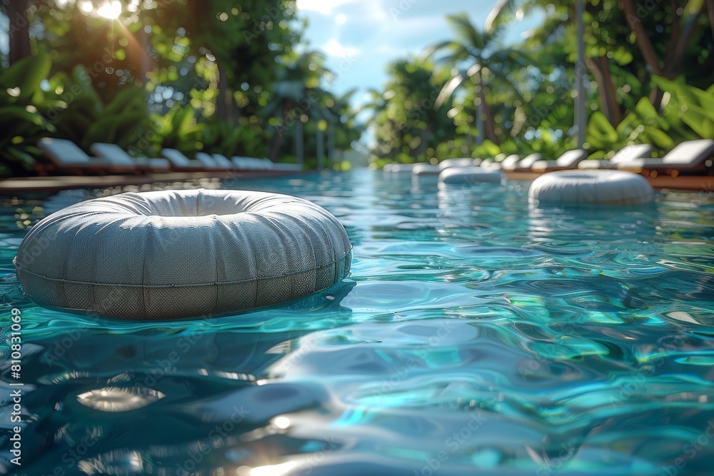 Poster a serene image capturing the calm waters of a resort pool with stylish floating cushions under the t