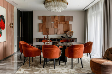 Room with stylish dining table, chairs and wall decor 