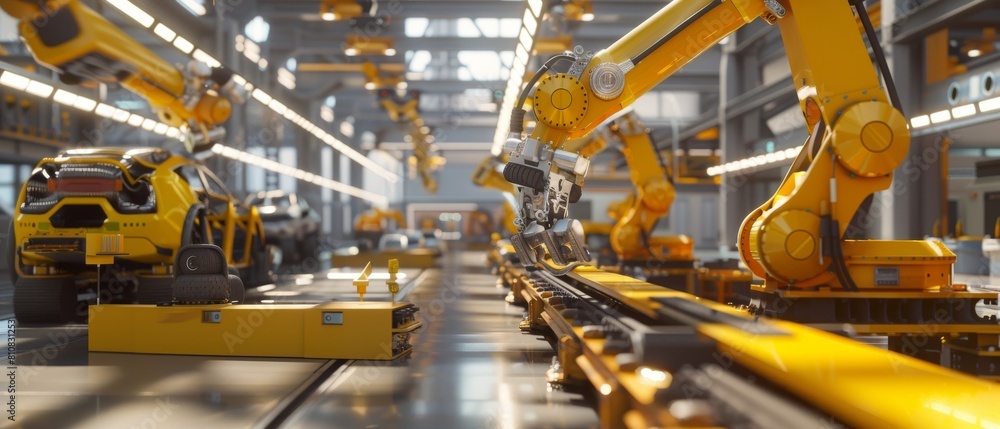 Poster 3d model of a car factory: automated robot arm assembly line manufacturing advanced high-tech green 