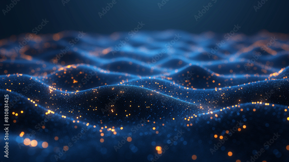 Poster dynamic circle grid particle wave flowing in blue cyberspace with volumetric spotlight, abstract bea