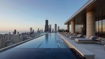 Fototapeta premium A stylish rooftop pool with infinity edges, sleek lounge chairs, and panoramic views of a modern skyline stretching out to the horizon.