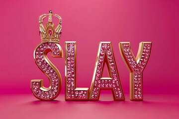 gold metallic standing 3d letters bedazzled with pink diamonds in shape of text "SLAY" pink solid color background, golden crown on top of letter