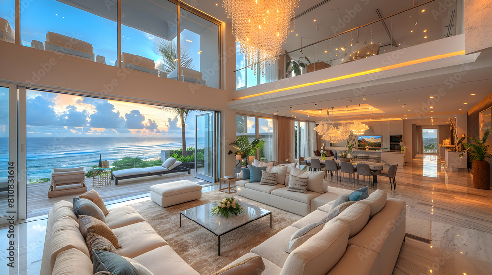 Wall mural Spacious living room with grand chandelier, modular sectional, and panoramic views - Wall murals