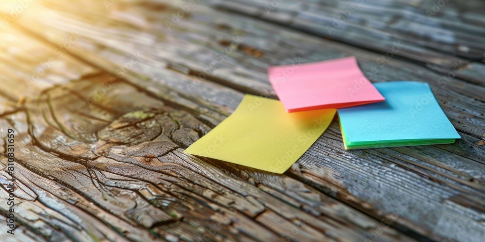 Aufkleber close-up of a wooden table covered in colorful post-it notes. great for office organization concepts