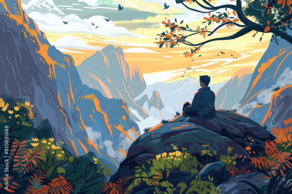 Poster a man sitting on top of a rock next to a tree. suitable for outdoor and nature concepts