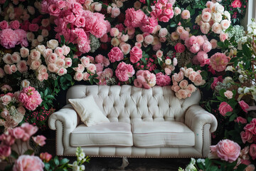 Blossoming Elegance Sofa with Floral Abundance
Pink and White Roses and Peonies Adorn
 Gentle Design
A Soft Romantic Interior Masterpiece
