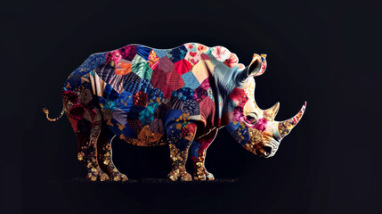 rhinoceros in the art style of bold colors and quilted patterns, whimsical designs