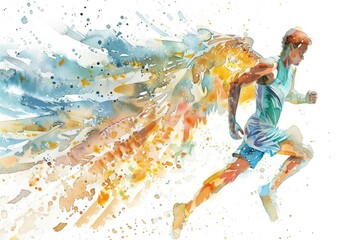 A vibrant watercolor painting of a man running. Perfect for sports or fitness themes