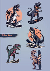 In this fun and whimsical design, a T-Rex is riding a gigantic wave on a surfboard. The fearless dinosaur balances skillfully as it catches the perfect wave, with its tiny arms out. © Todd's Studio