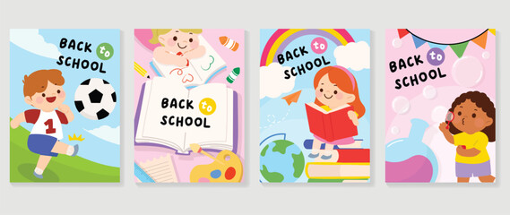 Back to school cover vector set. Background design with children and education accessories element. Kids hand drawn flat design for poster, wallpaper, website and cover template. 