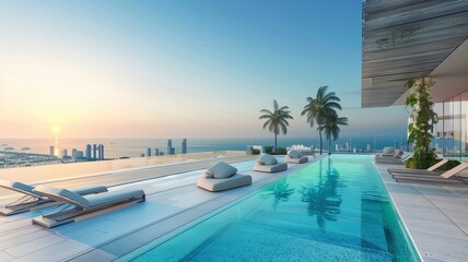Fototapeta premium A stylish rooftop pool with infinity edges, sleek lounge chairs, and panoramic views of a modern skyline stretching out to the horizon.