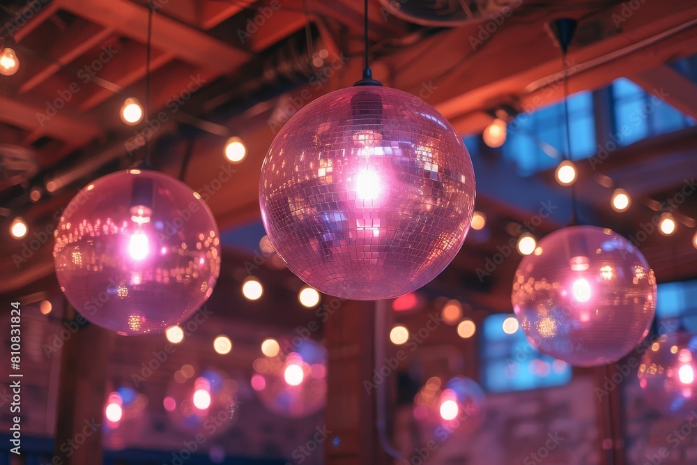 Poster multiple disco balls suspended, casting warm ambient light and creating a festive party atmosphere i