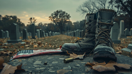 Weathered boots, folded flag & shell casing. Somber farewell in autumn's twilight. Memorial Day concept. copy space.
