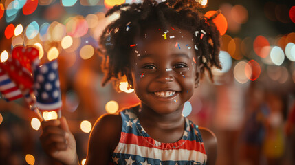 Joyful Black child celebrates 4th of July with sparkler & flag.