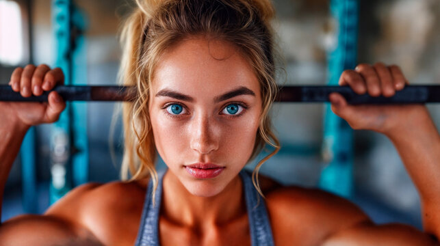 Determined Young Woman Lifting Weights in Gym, Showcasing Strength and Focus, Fitness Lifestyle Portrait