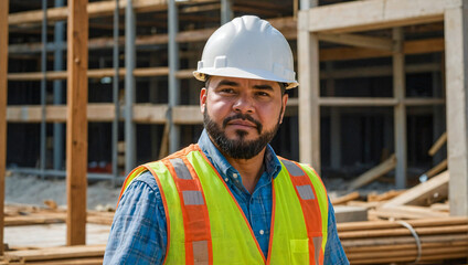 Portrait of a construction worker wearing hard hat and vest with a construction site in the background - obrazy, fototapety, plakaty