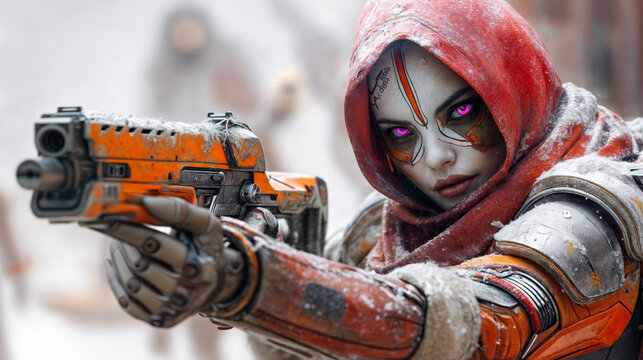 Futuristic female warrior in snow, equipped with a high-tech firearm and mechanical arm, intense survival theme