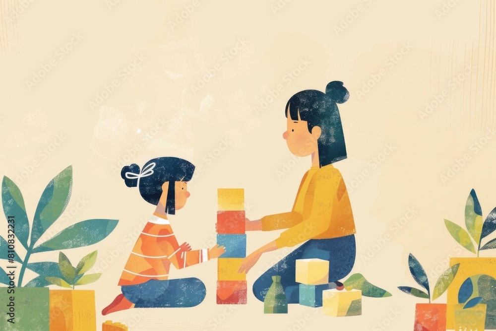 Poster a woman and child enjoying playtime with colorful blocks. suitable for educational and family-themed