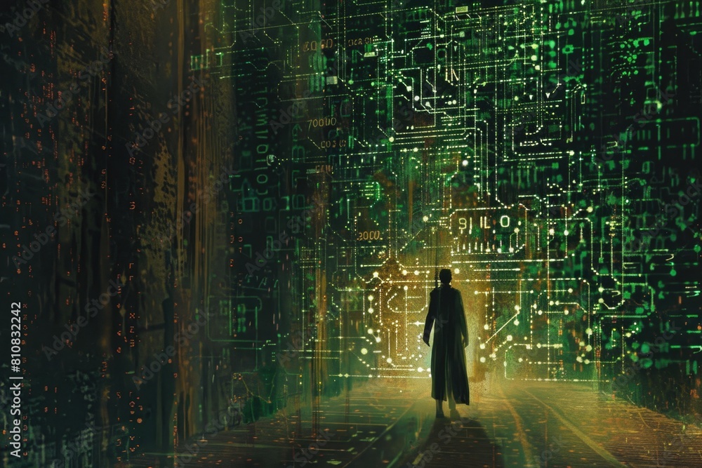 Poster A man standing in front of a wall of electronic circuits. Suitable for technology and innovation concepts