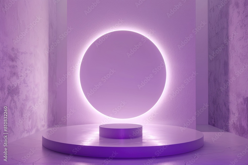 Poster a unique purple circular light shining in a white room. perfect for futuristic or abstract concepts
