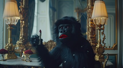 a beautiful monkey with red lips playfully holding a lipstick behind a mirror in a bright living room setting.