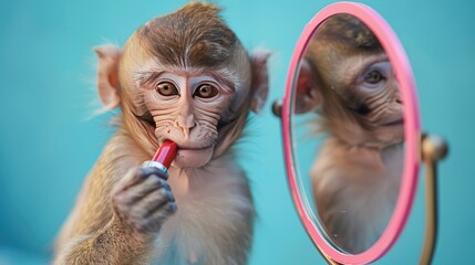 a beautiful monkey with red lips playfully holding a lipstick behind a mirror in a bright living room setting.
