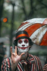 A man with clown makeup holding an umbrella. Great for circus or entertainment concepts