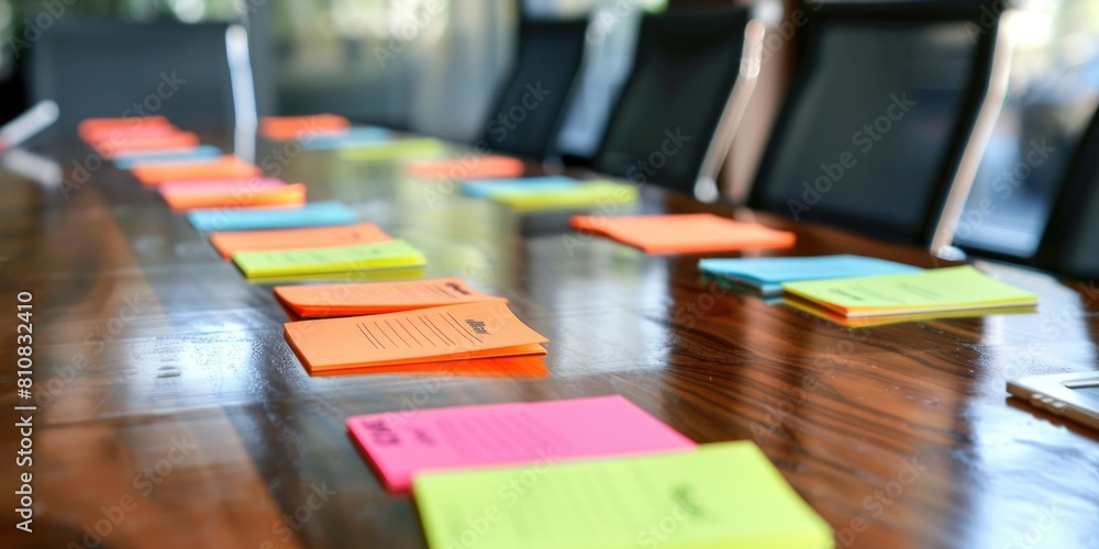 Poster a cluttered wooden table covered with colorful post it notes. ideal for office, organization, or pla