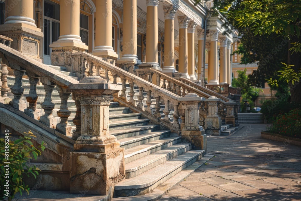 Poster a set of stairs leading up to a building, suitable for architectural and urban design concepts