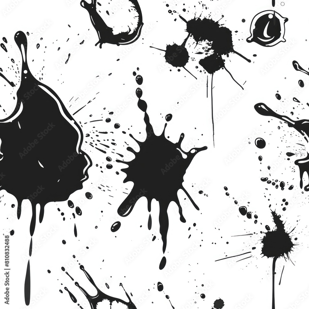 Poster abstract black ink splatters on a clean white surface. suitable for design projects or artistic back