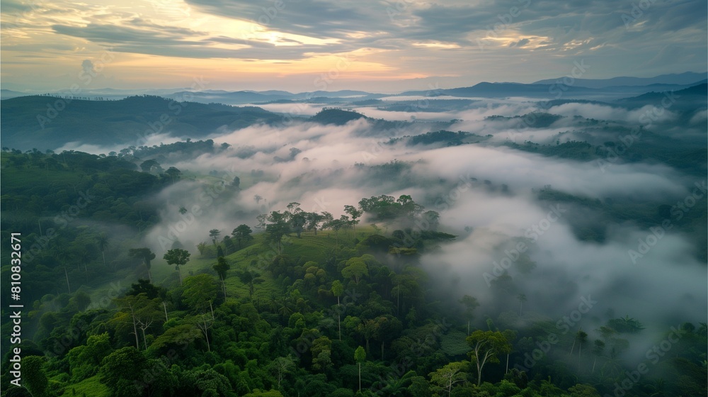 Wall mural fog mountains and clouds at sunrise in front view with trees in the foreground mountains far away, a