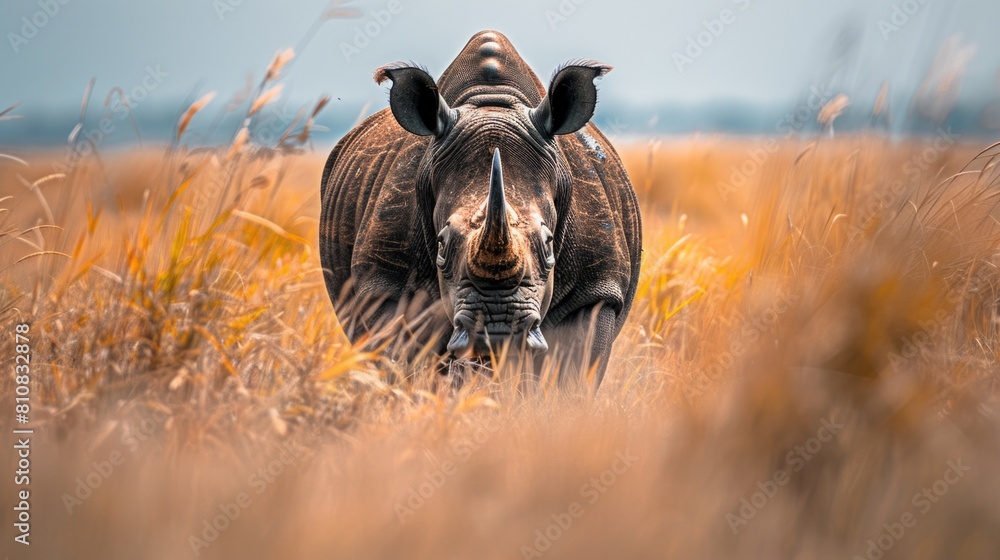 Poster a rhino standing in a field of tall grass. suitable for wildlife and nature themes